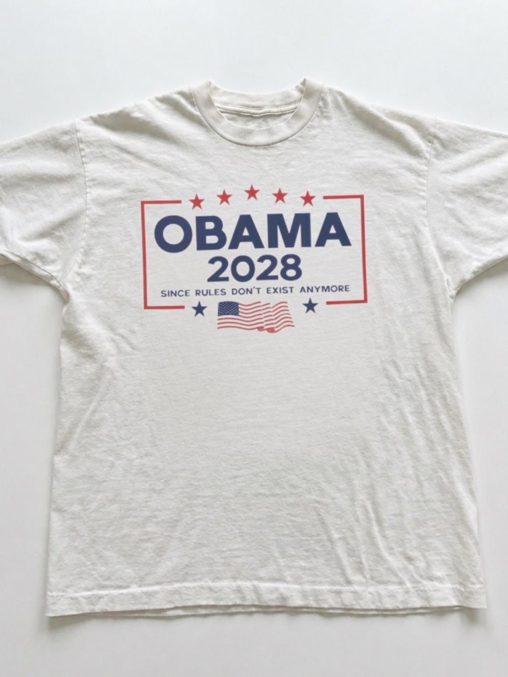 White Short-Sleeve 'OBAMA 2028' Graphic Tee with Red & Blue Print